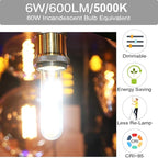 E26 Led Bulb 60 Watt Dimmable Edison Led Tube Bulbs 5000k Cool White Incandescent Tubular Light Bulb 6W Equivalent Clear Glass E26 Base Lamp Bulb for Display Cabinet Showcase Piano,6 Pack