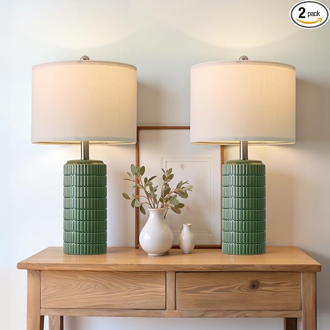PoKat 24" Modern Ceramic Table Lamps Set of 2 for Bedroom, Green Bedside Lamps for Night Stands, Farmhouse House Decor Nightstand Table Lamps for Living Room End Table Green