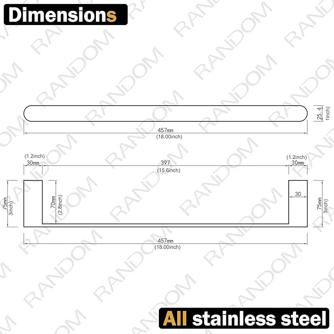 RANDOM 18 inch Towel Bar Mirror Chrome Hand Towel Holder Bathroom Hardware Accessories Towel Rack for Bathroom Kitchen SUS304 Stainless Steel Towel Rod Modern Hotel Style Wall-Mounted.96026-2-18C