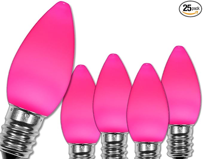 Wintergreen Lighting 25 Pack OptiCore C7 Pink Smooth Finish LED Christmas Light Bulbs, Heavy Duty E12 Base Outdoor Christmas Lights Replacement Bulbs, Valentine’s Day Lights