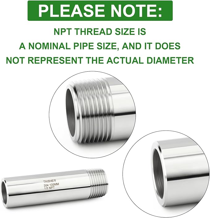 TAISHER 2PCS 304 Stainless Steel Pipe Fittings, 1/2" NPT Male Threaded, 4" Length Weld Nipple Cast Pipe