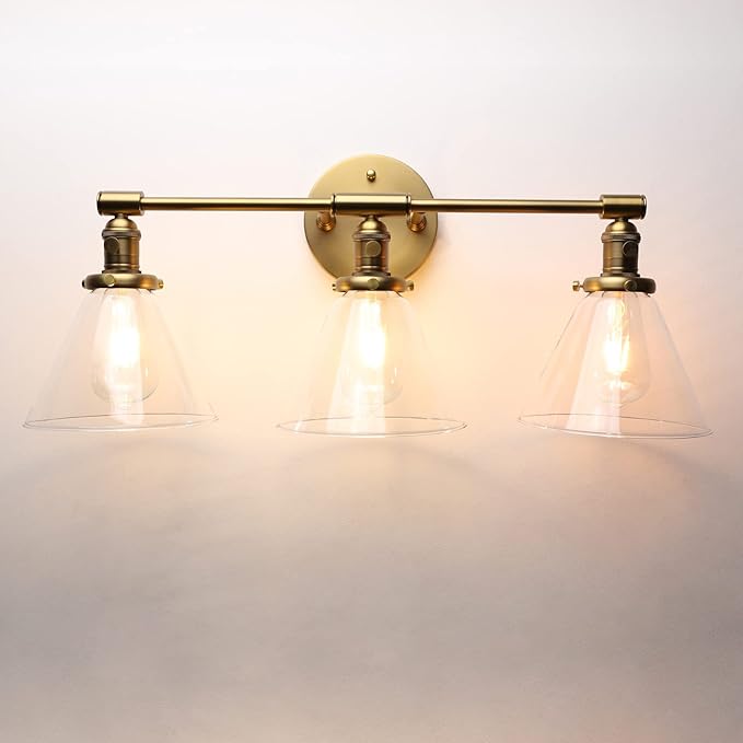 Phansthy 3-Light Wall Sconces Antique Brass Vanity Light, Industrial Wall Lamps with On Off Switch and Clear Glass Lampshade, Vintage Wall Lighting for Bathroom Living Room (Antique, Cone Shade)
