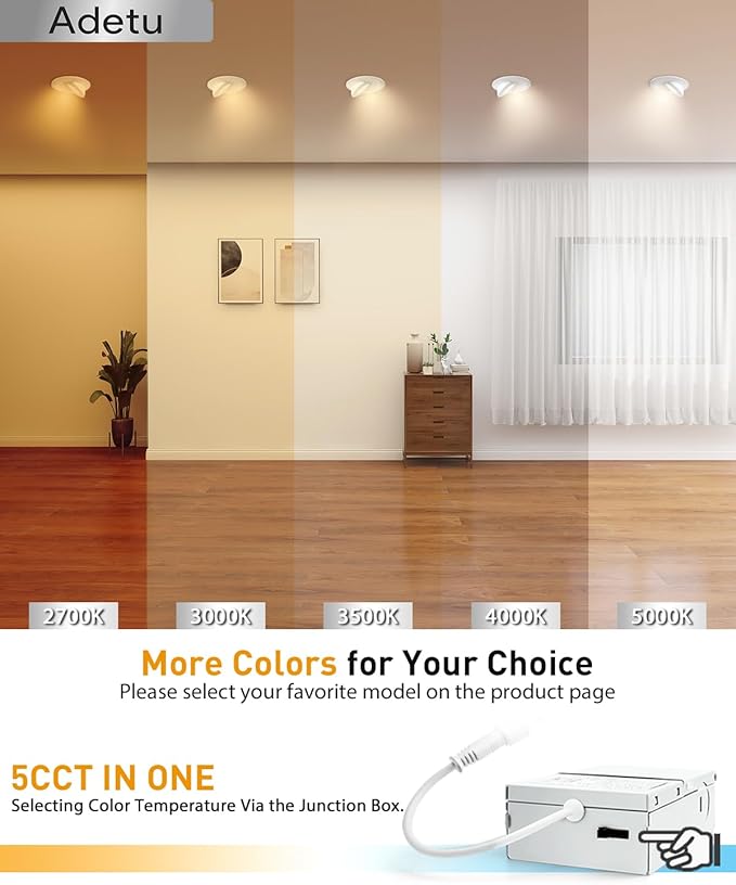 Adetu 6 Inch 360+90 Adjustable Directional Gimbal LED Recessed Lights, 5CCT Dimmable Retrofit Eyeball Can Recessed Lights with Jbox, White (6 Pack)