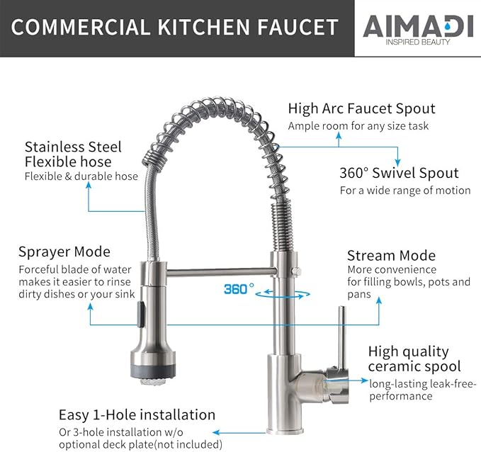 AIMADI Modern Kitchen Faucet Pull Down Sprayer,Stainless Steel Single Handle Kitchen Sink Faucet with LED Light,Brushed Nickel