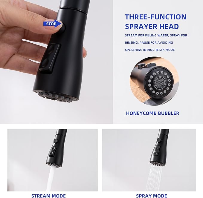 Kitchen Faucet with Soap Dispenser and Pull Down Sprayer - Stainless Steel Single Handle Kitchen Sink Faucet, 1 or 3 Hole Design for Modern Farmhouse Kitchens, Rv, and Bar Sinks (Matte Black)