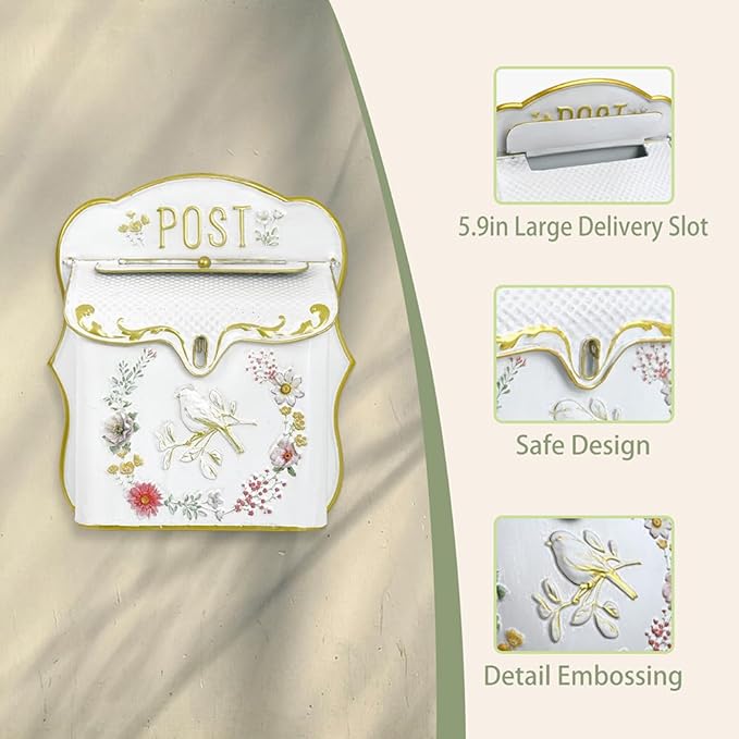 Mailbox Wall Mount Mailboxes for Outside Vintage Mail Boxes for House Outside Metal Drop Box Antique Style Nostalgic Charm Home Decorative, Bird Pattern, White