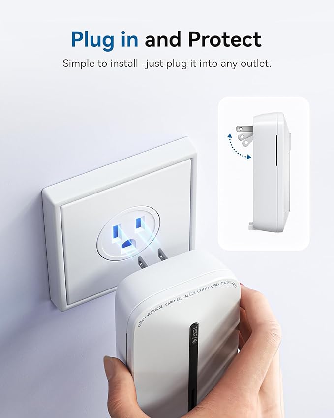 SITERWELL Plug in Carbon Monoxide Detector 10 Year Battery, CO Alarm Detector with Electrochemical Sensor and Sound Warning, AC Powered Portable Carbon Monoxide Detector for Home Office Travel,1-Pack