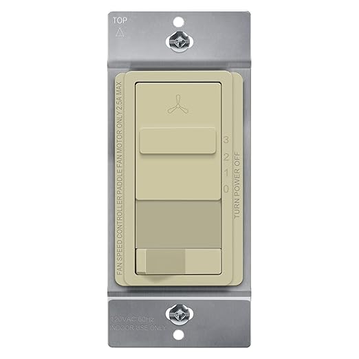 TOPGREENER Kalide Light Switch and 3-Speed Ceiling Fan Control Combo, in Wall Light and Fan Combination Switch, Single Pole, 2.5A, 720W, Neutral Wire Not Required, TGSFS3-I, Ivory