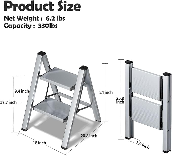 Taranta 2 Step Ladder,Aluminum Lightweight Folding 2 Step Stool with Anti-Slip Wide Pedal,330lbs Capacity Step Ladder for Household,Kitchen,Office - Silver