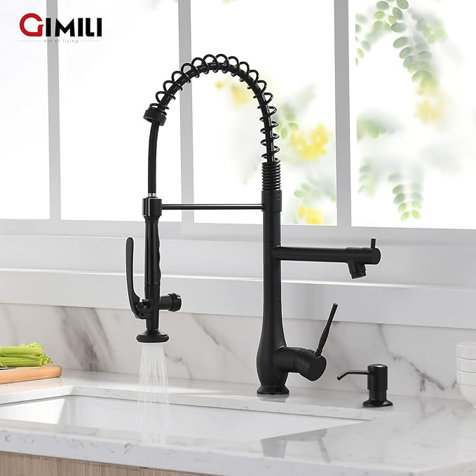 GIMILI Commercial Kitchen Faucet with Pull Down Sprayer, Double Headed Single Handle High Pressure Kitchen Faucet with Soap Dispenser Matte Black
