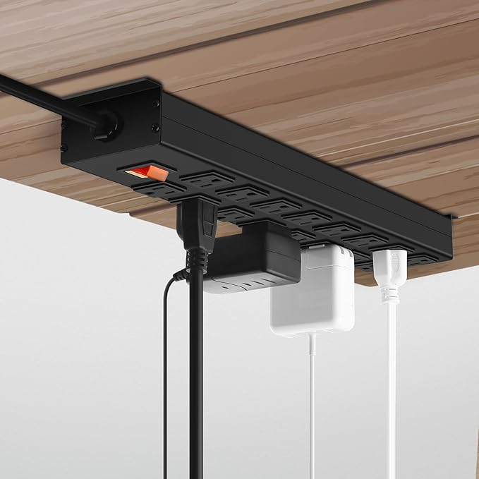 HHSOET Metal 16 Outlet Mountable Power Strip, Wall Mount Garage Workbench Socket, Gaming Table Surge Protector with 6 FT Power Cord.(Black)