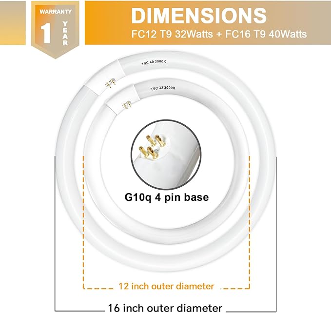 FC16T9/WW 40 Watt and FC12T9/WW 32W Set, 2700K Soft White, 16'' T9 40W Circline Light Bulbs, 12 inch 32 Watt Circular Fluorescent Tube, Round Fluorescent Bulb CRI 82, 5700 Lumen G10q