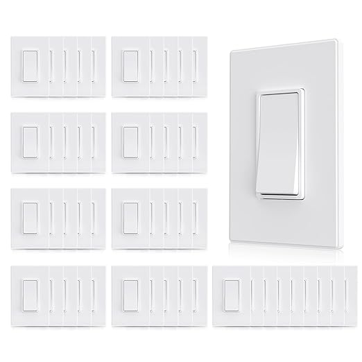 AIDA Single Pole Rocker Decora Light Switch, 15 Amp Self-grounding Electrical Light Switches, Residential Grade, UL Listed (50, Matte White, Wall Plate Included)