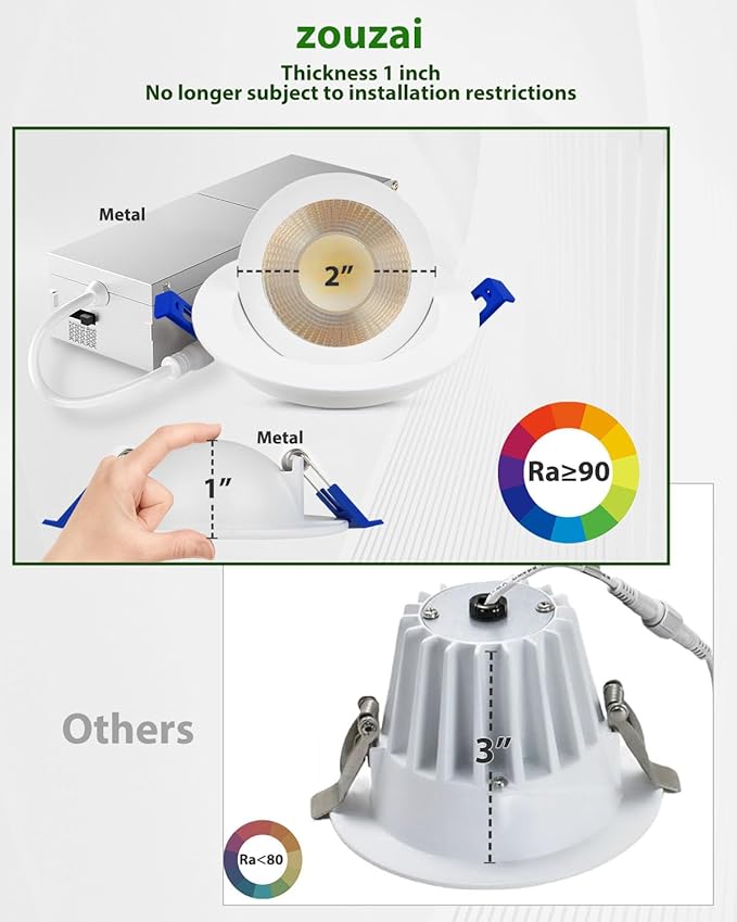 zouzai 2 Inch Adjustable Mini LED Gimbal Light, 5CCT Selectable, 360° Rotation & 90° Tilt for Precise Lighting, Accent or Ambient Illumination in Kitchen, Living Room, Cabinet (White, 1 Pack)