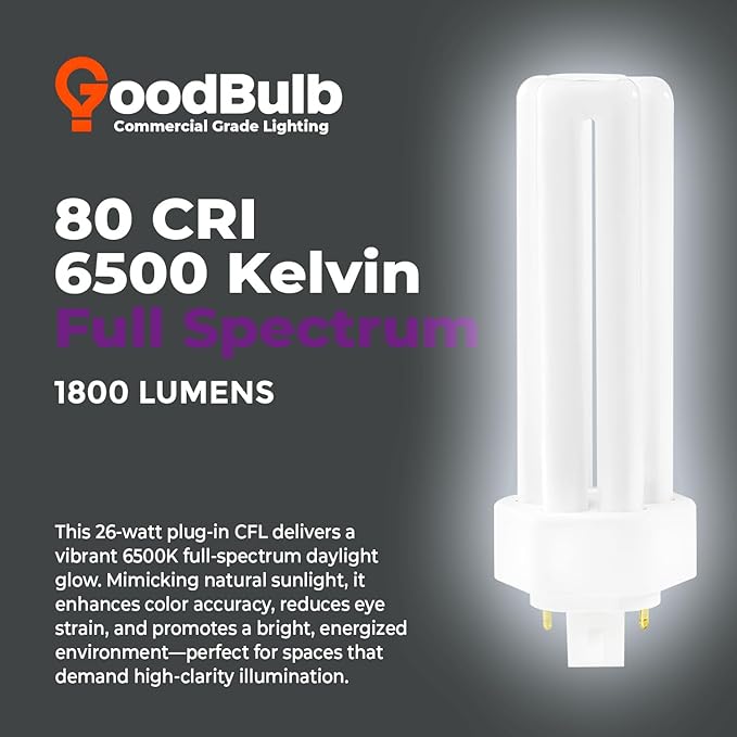 GoodBulb 26 Watt CFL Light Bulbs 4 Pin GX24Q-3 Base 6500K Full Spectrum 26W High Output 1800 Lumens Triple Tube Compact Fluorescent Light Bulbs Plug-in 10 Pack