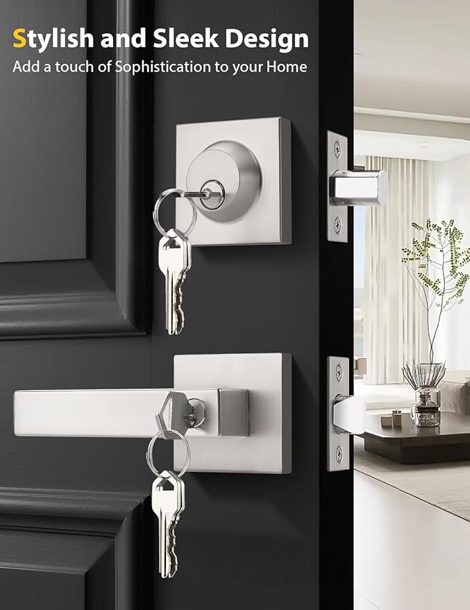 3 Pack Brushed Nickel Keyed Alike Front/Exterior Door Levers with Single Cylinder Deadbolt, Square Entry Door Knob Lock Sets with Deadbolt Combination Sets, for Entrance/Front and Office Doors