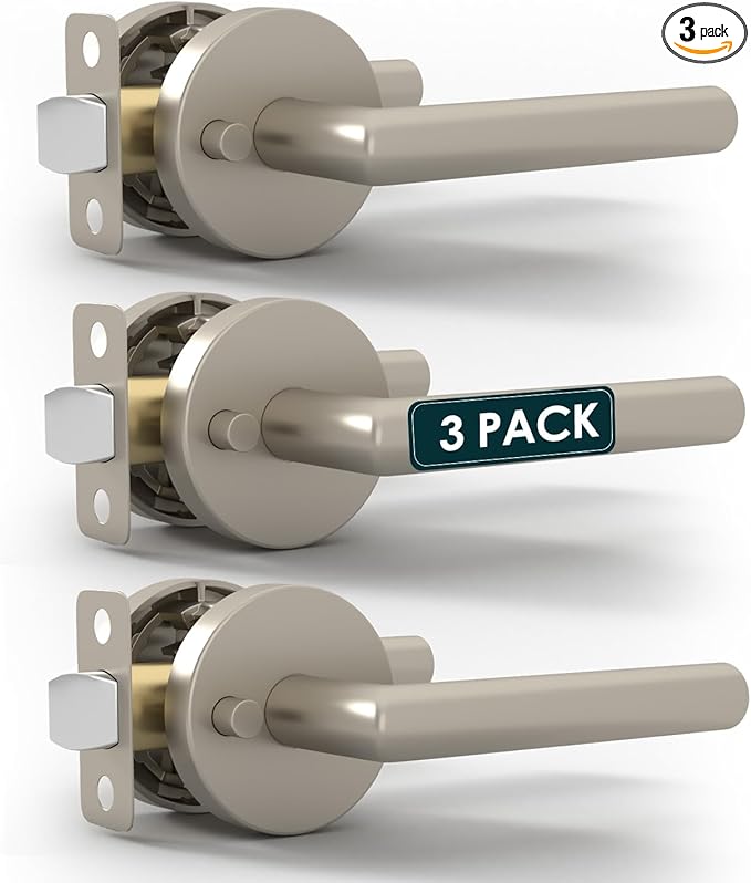 Mega Handles Ronn Privacy Door Handle - 3 Pack Reversible Brushed Nickel Door Handles, Heavy Duty Bed & Bath Door Handles with Privacy Door Lock, Fits All Standard Doors - Satin Nickel