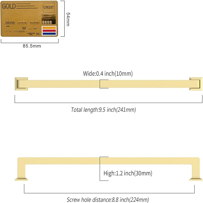 10 Pack 8.8"(224mm) Gold Cabinet Pulls Kitchen Cabinet Handles Drawer Pulls Cupboard Hardware for Cabinets CK0078