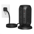 Black Surge Protector Power Strip with 4 Individual Switches, TESSAN USB C Charging Station Power Tower with Flat Extension Cord 10 Ft, 12 Outlets Black Extension Cord, Dorm Room, Office Accessories
