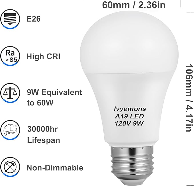 A19 LED Light Bulb 5000K Daylight, 12 Pack high Output A19 Incandescent Light Bulb 800LM 9W, Equivalent 60W, No Flicker E26 Base, Non-Dimmable E26 LED Bulb Long Lasting for 25 Years.
