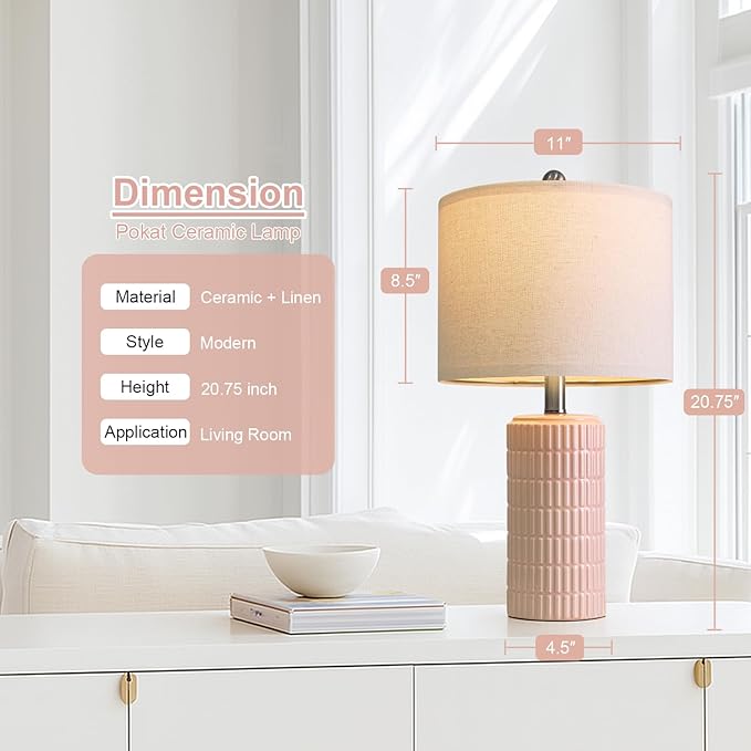 PoKat 20.75" Pink Ceramic Table Lamps Set of 2, Small Modern Bedroom Lamps for Girls Room, Bedside Lamps for Night Stands, Cute Lamps for Living Room Decor, Nightstands Desk Lamp, Light Pink