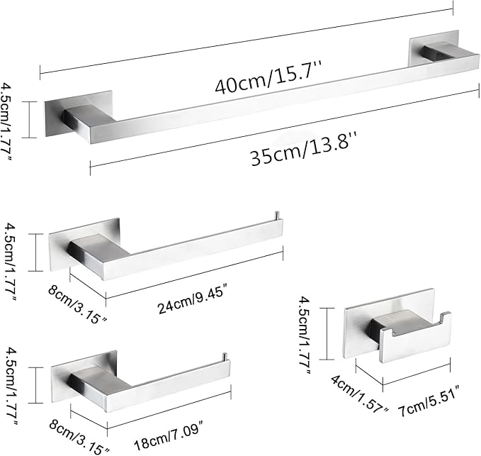 4-Pieces Bathroom Hardware Accessories Set, Towel Rack Towel Bar Toilet Paper Holder Towel Hook Self Adhesive Stainless Steel Towel Rack Set for Bathroom Wall Mounted, Brushed Nickel, 16 Inch