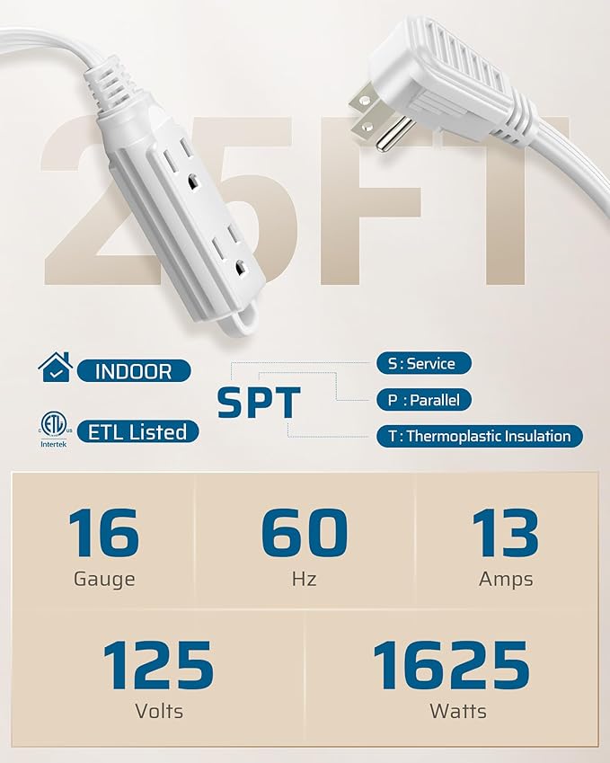 DEWENWILS 3 Outlet Extension Cord with Flat Plug, 25 FT 16/3 Awg Grounded Power Cable for Indoor Use, SPT-3 Cord, White, ETL Listed, 1 Pack