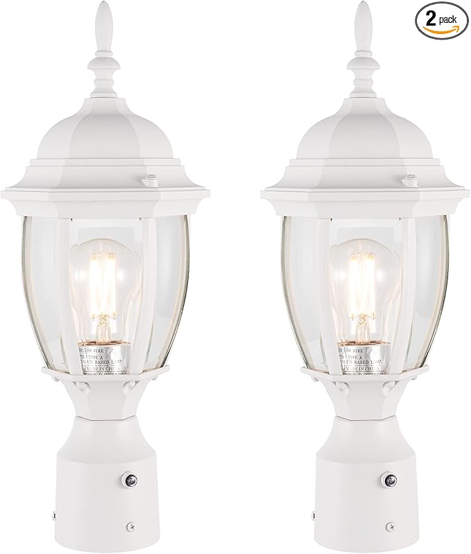 LIT-PaTH Dusk to Dawn Outdoor Post Lighting Fixture Pole Lantern, E26 Medium Base Max 60W, Aluminum Housing Plus Glass, Bulb Not Included (White, 2-Pack)