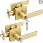 EHOMEWARE 2 Pack Exterior Door Lever with Lock Door Handle Gold, Heavy Duty Satin Brass Entry Door Handle Set with Keys, Bedroom Bathroom Interior Door Handles Keyed Alike