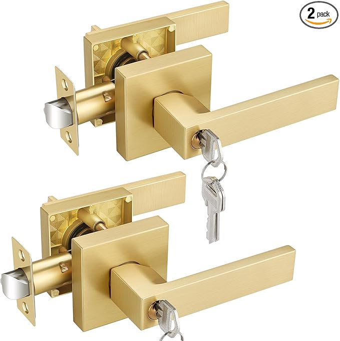 EHOMEWARE 2 Pack Exterior Door Lever with Lock Door Handle Gold, Heavy Duty Satin Brass Entry Door Handle Set with Keys, Bedroom Bathroom Interior Door Handles Keyed Alike