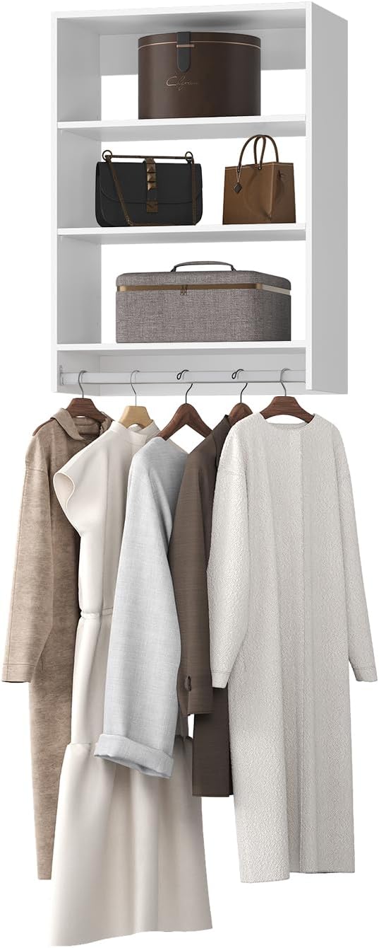 Medium Double Hanging Closet Unit, Modular Closet System, Wood Closet System Organizer with Storage for Walk In Closets, Clothing Rack Closet for Hanging Clothes, Bedroom, White, 25.5"W