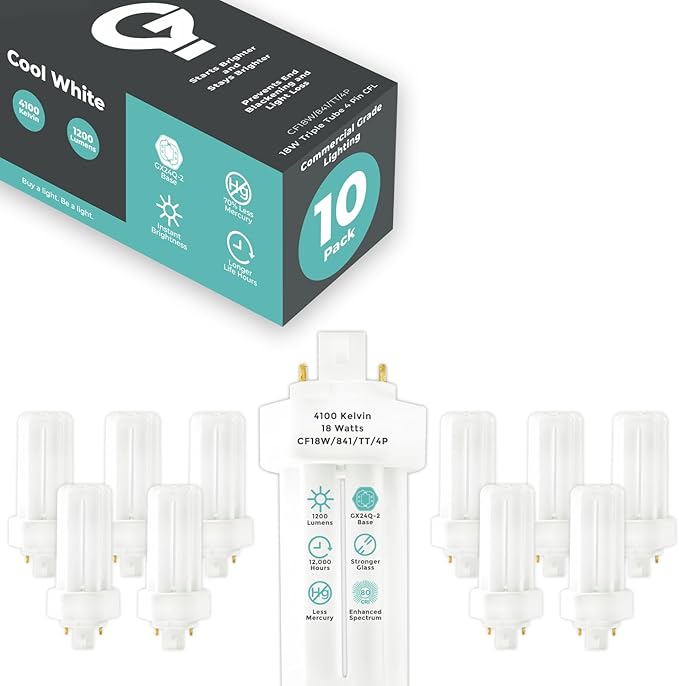 GoodBulb 18 Watt CFL Light Bulbs 4 Pin GX24Q-2 Base 4100K Cool White 18W High Output 1200 Lumens Triple Tube Compact Fluorescent Light Bulbs Plug-in 10 Pack