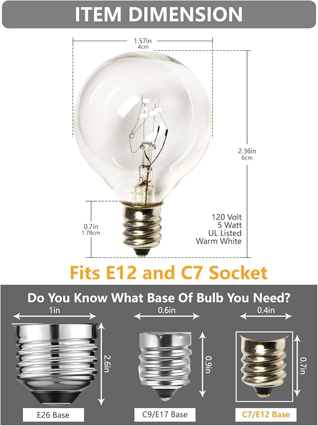 SUNSGNE G40 Replacement Light Bulbs, 5 Watt Clear Bulbs 1.5 Inch Globe Light Bulbs for Indoor Outdoor String Lights Replacement, Fits E12/C7 Screw Base Socket, 50 Pack