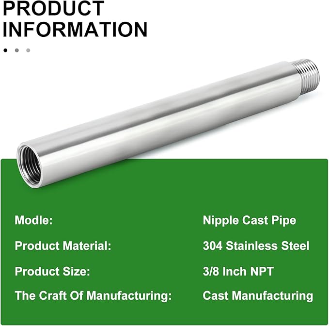 TAISHER 2PCS Stainless Steel Pipe Fittings, 3/8" NPT Male x 3/8" NPT Female Threaded, 8" Length Nipple Cast Pipe