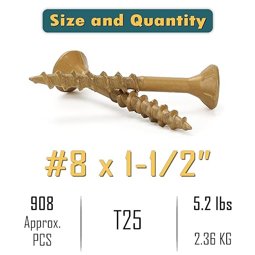 WELLOCKS Deck Screws 1-1/2", Wood Screws #8×1-1/2", Tan 874 PCS, Superior Rust Resistant, Epoxy Coated, Above 1000 Hour Salt Spray Coating T25 Torx Star Bit Included for Outdoor Wood Fence