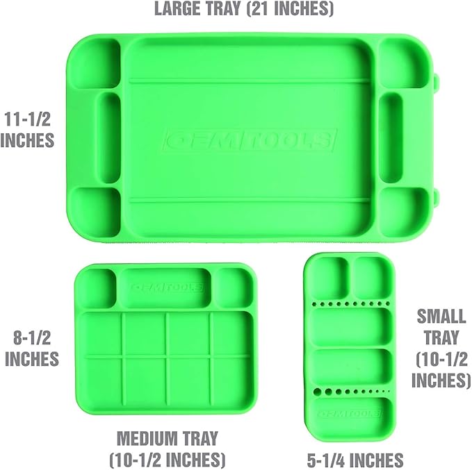OEMTOOLS 22417 Flexi-Tray, 3 Piece Set, Includes Small, Medium, and Large Rubber Tool Mat Trays, Heat and Oil Resistant Silicone, Round-Bottom Compartments