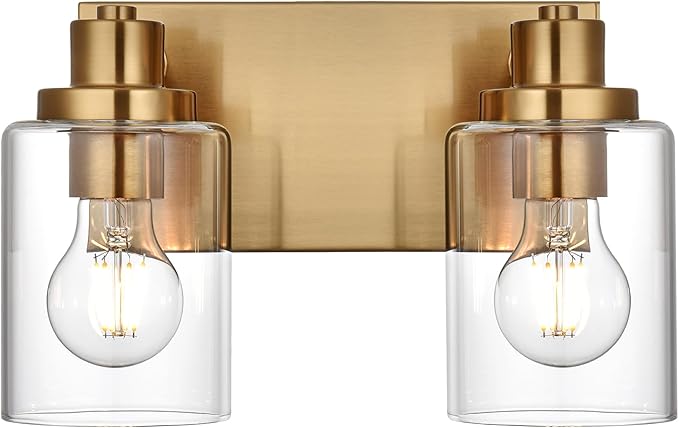 2 Light Bathroom Vanity Lights Brushed Brass Bathroom Lighting Fixtures over Mirror with Clear Glass Shade, Vintage Gold Vanity Light For Bathoom, Modern Bathroom Wall Vanity Lighting Fixtures