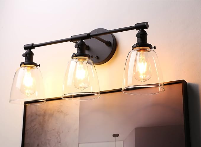 Phansthy 3-Light Wall Sconces Antique Brass Vanity Light, Industrial Wall Lamps with On Off Switch and Clear Glass Lampshade, Vintage Wall Lighting for Bathroom Living Room (Black, Bell Shade)
