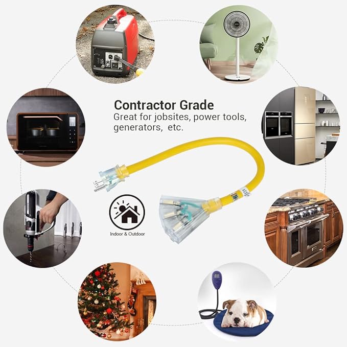 DEWENWILS 2 FT 12/3 Gauge Indoor/Outdoor Tri-Tap Extension Cord Splitter, SJTW 15 Amp Yellow Outer Jacket Contractor Grade Heavy Duty Power Cable with LED Lighted Plug, ETL Listed, Pack of 3
