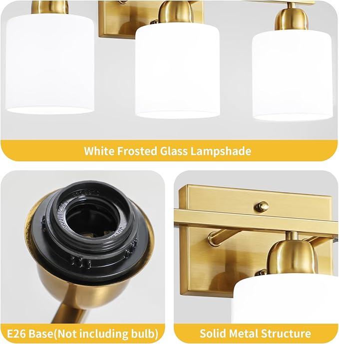3 Light Gold Bathroom Light Fixtures, Modern Bathroom Vanity Lights with Milky White Frosted Glass Shades, Gold Vanity Mirror with Lights for Mirror Living Room E26 Base