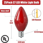 SUNSGNE 25 Pack C7 LED Red Replacement Christmas Light Bulbs, 0.6W LED Night Light Bulbs for Christmas Indoor Outdoor Patio String Lights, C7/E12 Candelabra Base