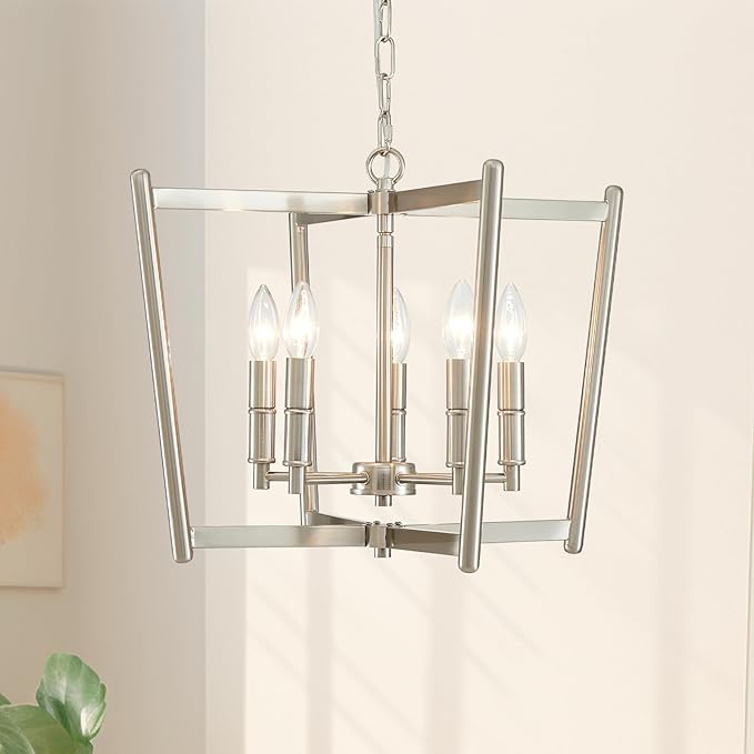 20" Brushed Nickel Geometric Ceiling Light and Pendant Dual-Use Light, 5-Light Dining Room Light Fixture Over Table Modern Farmhouse Chandeliers for Kitchen Island Living Room Entryway Light