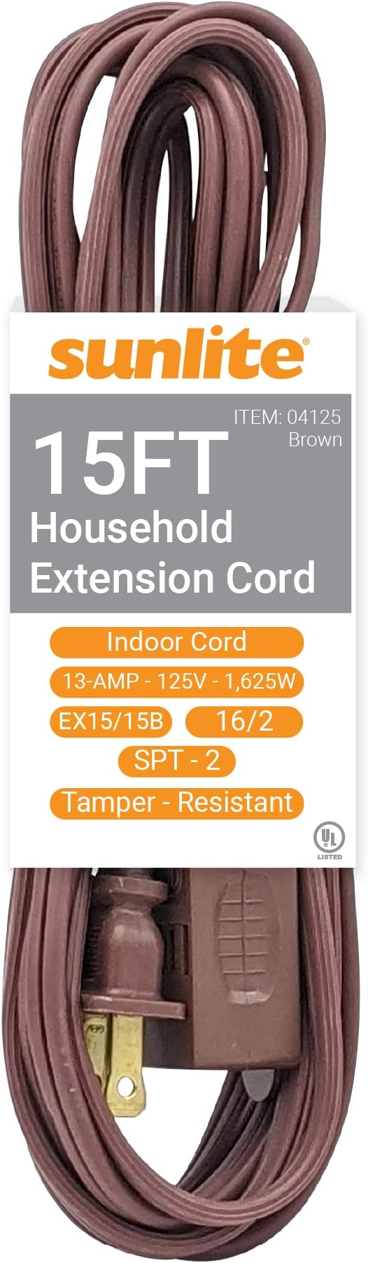 Sunlite 04125-SU 15-Foot Household Extension Cord, Three 2-Prong Polarized Sockets, Tamper Guards, Indoor Use, For Small Appliances, Electronics, Lamps, Fans, Mobile Devices, UL Listed, Brown
