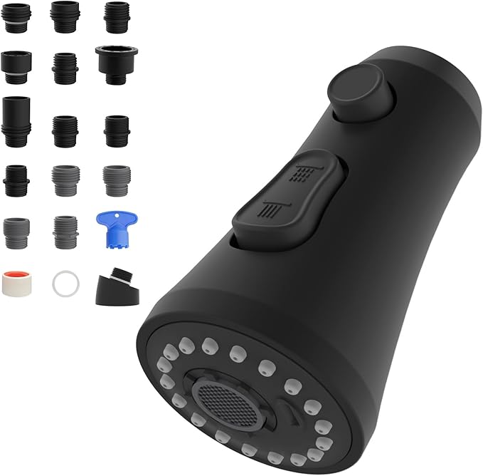 Hibbent Pull Down Spray Head for Kitchen Faucet, 3-Function Spray Nozzle with 15 Adapters, Straight Sink Faucet Head Replacement Compatible with Moen, Delta, Kohler, American Standard, Matte Black