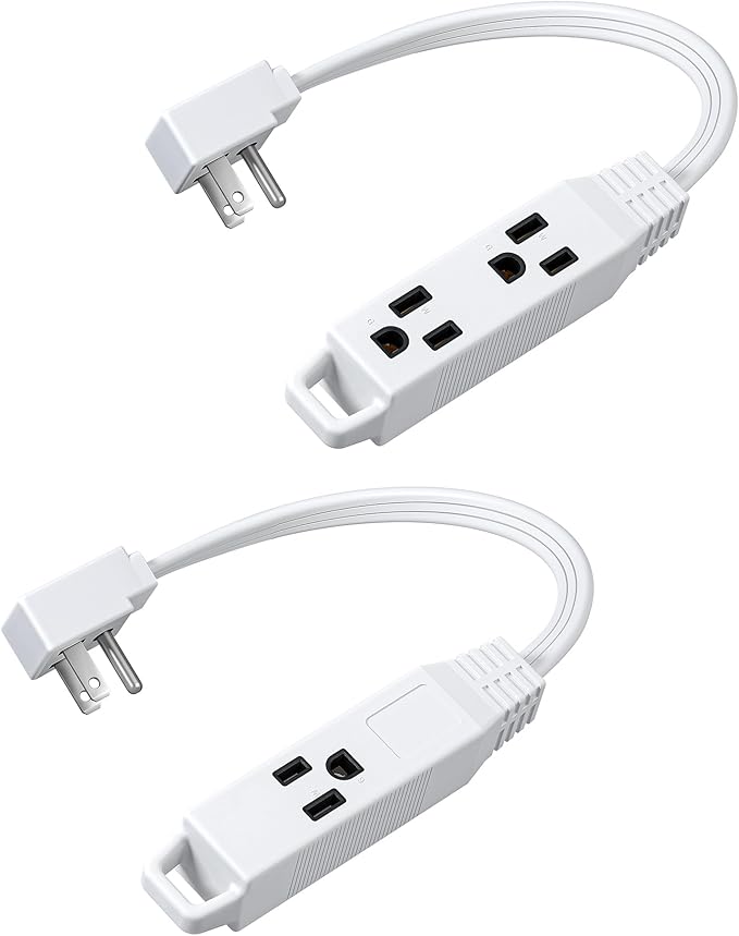 DEWENWILS 3 Outlet Extension Cord with Flat Plug, 1FT 16/3 Awg Grounded Power Cable for Indoor Use, SPT-3 Cord, White, ETL Listed, 2 Pack