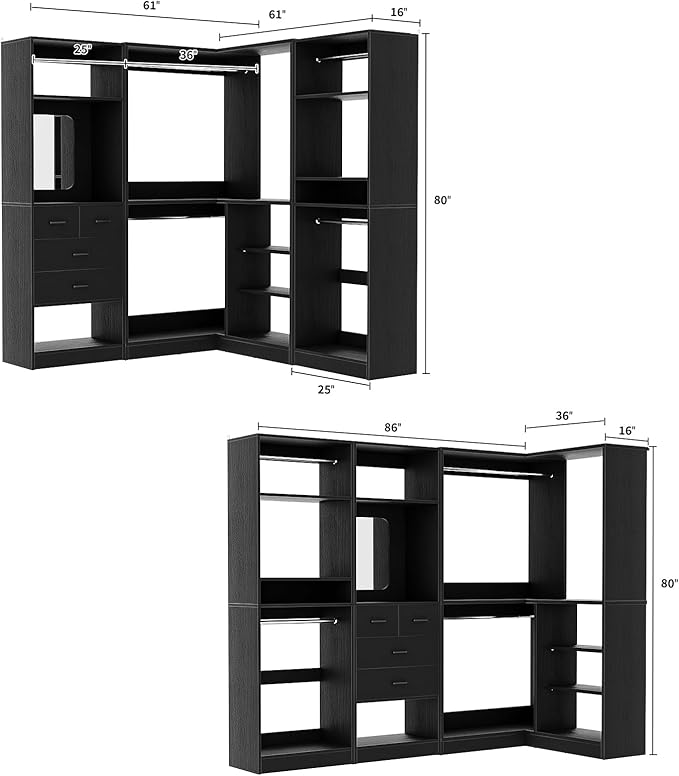 Unikito 86” Closet System, Corner Closets Organizer with Hanging Rods and Mirror, Freestanding Adjustable Clothes Garment Racks with Drawers, Sturdy Walk in Closet Kit with 3 Set Closets Tower, Black