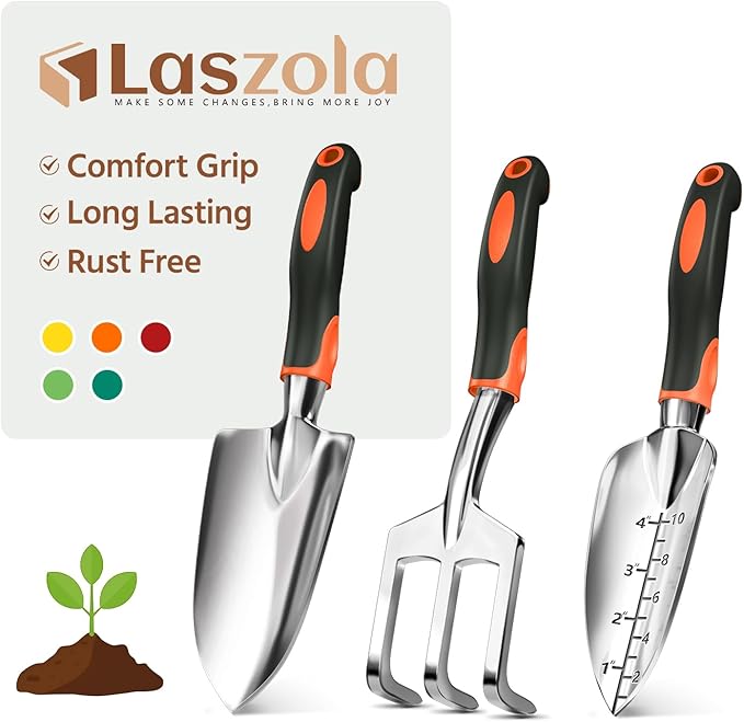 LASZOLA 3 Piece Garden Tool Set Include Hand Trowel Rake and Transplant Shovel for Women, Indoor Heavy Duty Small Spade Kit with Ergonomic Handle to Weed and Loosen, for Mom and Plant Beginner, Orange