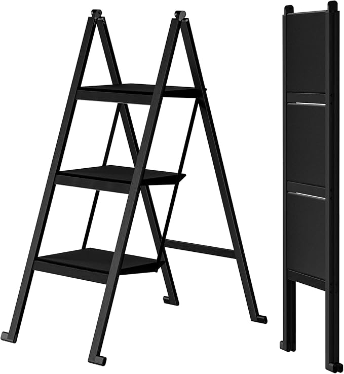 3 Step Ladder,Aluminum Ultra Thin Folding Step Stool,400 Lbs Capacity Heavy Duty with Anti-Slip Sturdy and Wide Tread,Closet Slim Step for Home,Kitchen and Office,Space Saving (Black, 3-Step)
