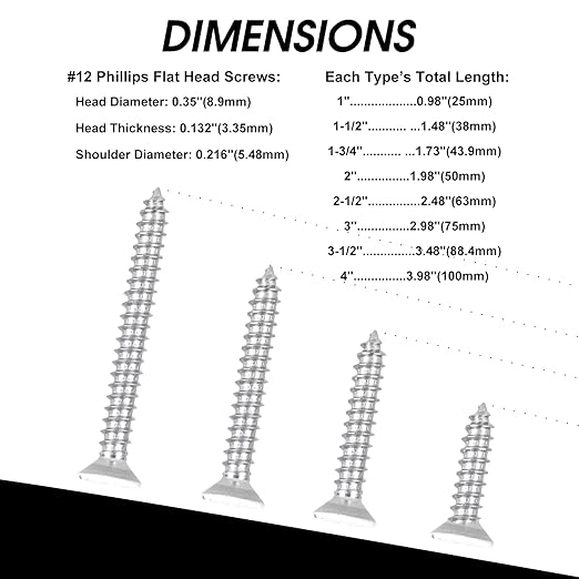 Black Head 100 PCS #12X1-1/2(1.5 inch) Stainless Steel Phillips Flat Head Wood Screws,Stainless Steel 18-8 A2(304) Screw,Home Screw Kit by QISHENG