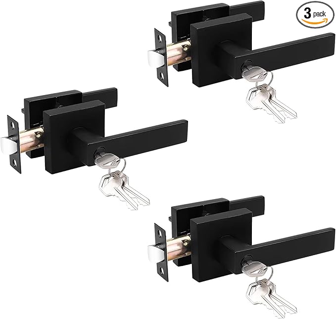 Probrico 3 Pack Entry Door Lever with Lock and Key,Entrance Door Handles for Office and Front Door,Matte Black Door Knobs Keyed Alike Same Key Lockset (Each with 3 Keys)